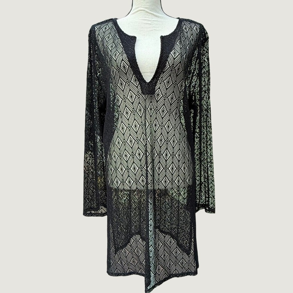 La Blanca Rod Beattie Black Crochet Diamond Mesh Swim Coverup Tunic XL